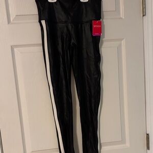 SPANX Faux Leather Black Leggings with White Stripes